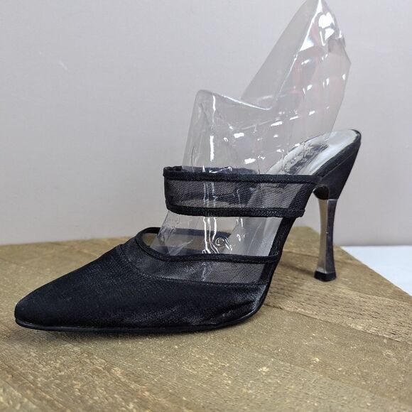 Vintage 90s BATA Black Mesh Strap Heels Size 8 Mule Slip On Pointed Toe - Picture 3 of 11